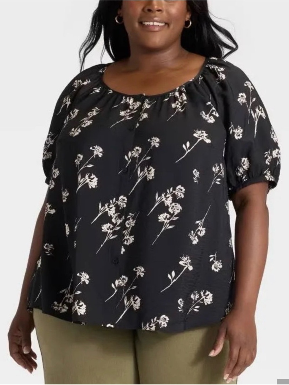 Ava & Viv Black Floral Scoop-Neck Peasant Blouse